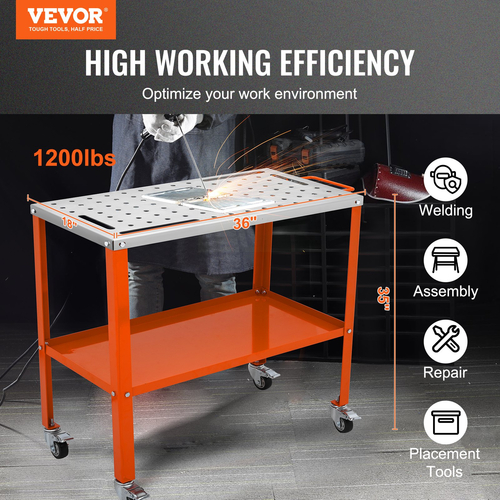 Τραπέζι συγκόλλησης VEVOR 36&quot; x 18&quot;, 1200 lbs Τραπέζι πάγκου εργασίας συγκόλλησης από χάλυβα χωρητικότητας 1200 λίβρες σε ρόδες, φορητός πάγκος εργασίας 2 στρωμάτων με τροχούς πέδησης, 4 υποδοχές εργαλείων, οπές στερέωσης 5/8 ιντσών