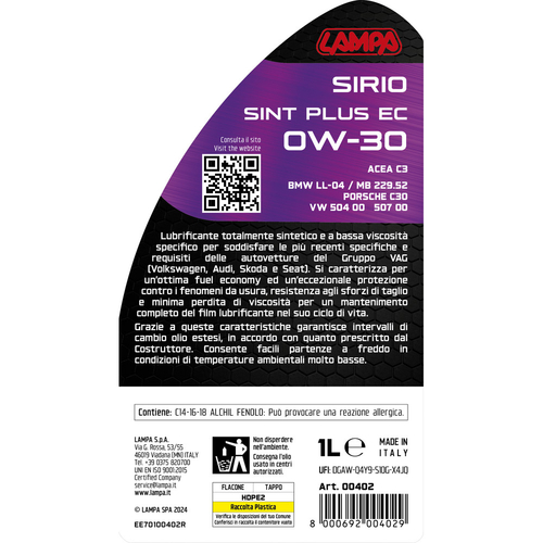 ΛΑΔΙ ΚΙΝΗΤΗΡΑ OW-30 SIRIO SINT PLUS EC ΣΥΝΘΕΤΙΚΟ ACEA C3 ENERGY CONSERVING 1L LAMPA - 1 ΤΕΜ.