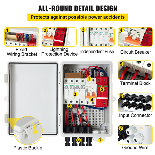 VEVOR PV Combiner Box, 4 String, Solar Combiner Box με ονομαστική ασφάλεια ρεύματος 15A, διακόπτη 63A, Lightning Arreste και Solar Connector, για On/Off Grid Solar Panel System, IP65 Waterproof