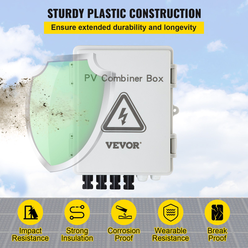 VEVOR PV Combiner Box, 4 String, Solar Combiner Box με ονομαστική ασφάλεια ρεύματος 15A, διακόπτη 63A, Lightning Arreste και Solar Connector, για On/Off Grid Solar Panel System, IP65 Waterproof