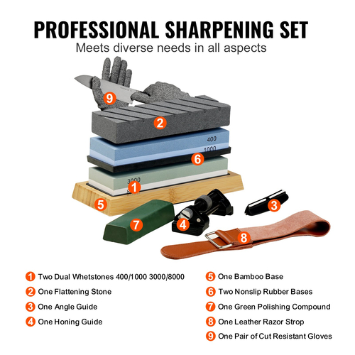 VEVOR Whetstone Kit Sharpening Kit, 2 Dual Sided Grit Whetstones 400/1000 3000/8000, 10PCS Knife Sharpener Kit with 3 αντιολισθητικές βάσεις, Οδηγός γωνίας &amp; λείανσης, πέτρα ισοπέδωσης για όλα τα μαχαίρια, ψαλίδα