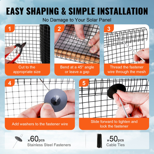 VEVOR 6 ιντσών x 100ft Solar Panel Bird Guard, Critter Guard Roll Kit με 60 τμχ συνδετήρες από κράμα αλουμινίου, προστατευτικό ηλιακού πάνελ με επίστρωση PVC ανθεκτική στη σκουριά, συρμάτινο πλέγμα 1/2 ιντσών
