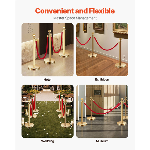 VEVOR 6 τεμ Gold Stanchion Post 4 Red Velvet Ropes Sand Injection Hollow Base