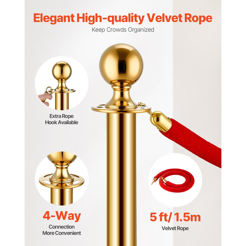 VEVOR 6 τεμ Gold Stanchion Post 4 Red Velvet Ropes Sand Injection Hollow Base