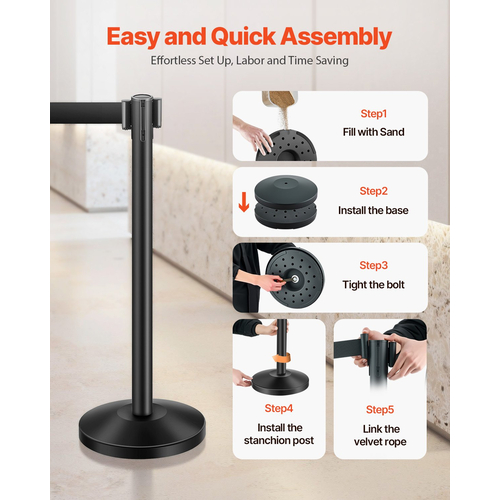 VEVOR 8 τμχ Stanchion Post με 4 αναδιπλούμενες ζώνες &amp; 2 θήκες πινακίδων κοίλη βάση