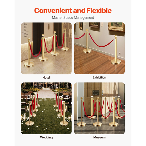VEVOR 4 τμχ Gold Stanchion Post 3 Red Velvet Ropes Sand Injection Hollow Base