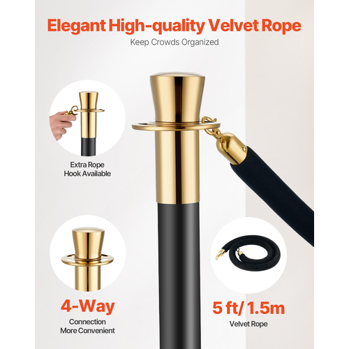 VEVOR 6 τμχ Stanchion Post με 4 μαύρα βελούδινα σχοινιά Sand Injection Hollow Base