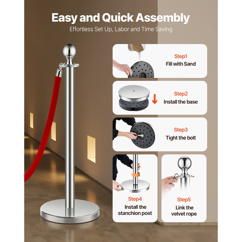 VEVOR 8 τμχ Ασημί Stanchion Post 4 Red Velvet Ropes Sand Injection Hollow Base