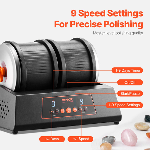 Rock Tumbler Machine 8 lbs Rock Polishing Kit 9 Speed ​​Timer 9-day Dual Barrels