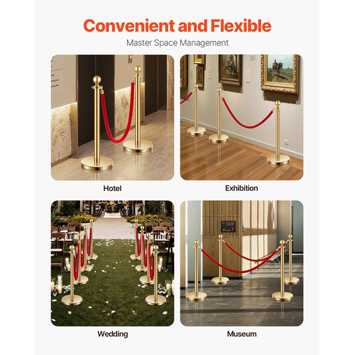 VEVOR 4 τμχ Gold Stanchion Post 2 Red Velvet Ropes Sand Injection Hollow Base
