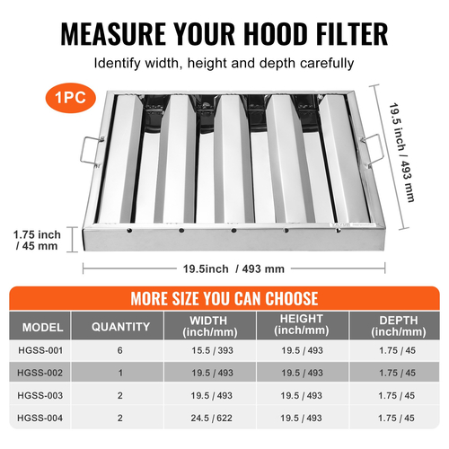 VEVOR 19,5Wx19,5H Inch Commercial Hood Filter Range Hood Διάφραγμα από ανοξείδωτο ατσάλι