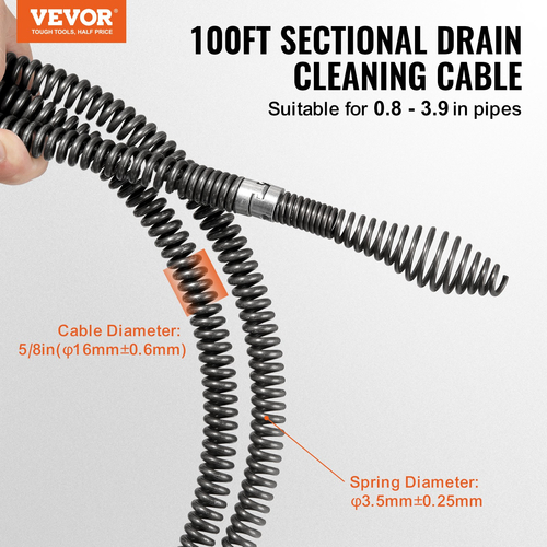VEVOR Sectional Drain Cable Cleaning Cable 100FTx5/8In & 7 Cutters for 0,8"-3,9" Pipes