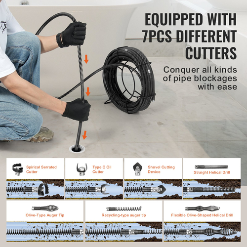 VEVOR Sectional Drain Cable Cleaning Cable 100FTx5/8In & 7 Cutters for 0,8"-3,9" Pipes