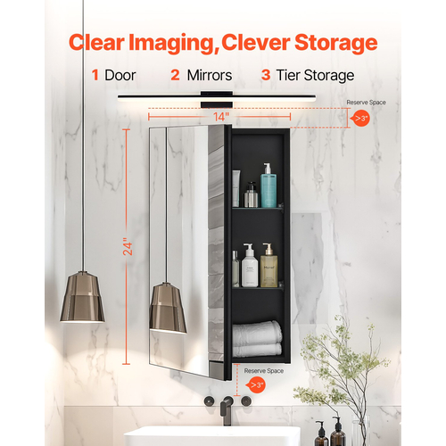 VEVOR Medicine Cabinet 14" x 24" Mirror Medicine Cabinet Ρυθμιζόμενα ράφια
