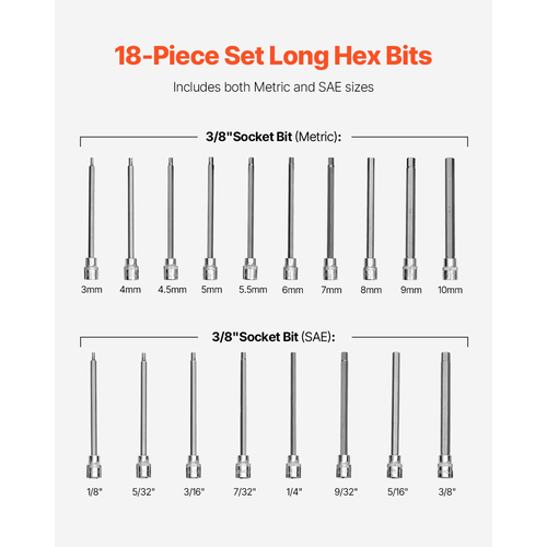 Extra Long Allen Hex Socket Socket 18-Pece 3/8 inch Drive S2 Alloy Steel Cr-V