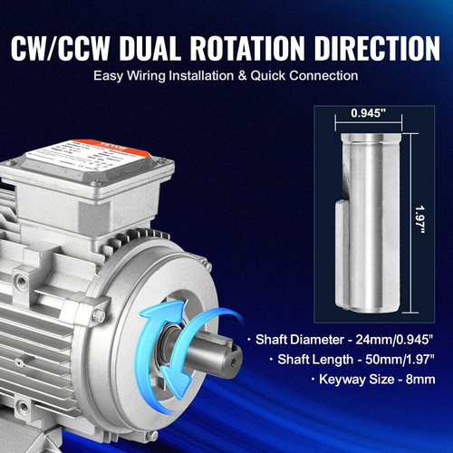 Ηλεκτρικός κινητήρας VEVOR 1.5KW 3000RPM AC230/400V 9.5A/3.5A 3-φασικός άξονας με κλειδί 24mm