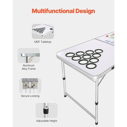VEVOR 2,4 m Φορητό Beer Pong Tailgate Επιτραπέζιο πάρτι Παιχνίδι Κυπέλλου Τρύπες Μπάλες πονγκ