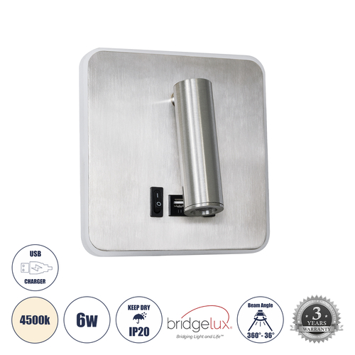 GloboStar® LADY-S 60945 Μοντέρνο Φωτιστικό Τοίχου - Απλίκα Ξενοδοχείου Bed Side LED 6W 600lm 36° & 360° AC 220-240V - Reading Light & Κρυφός Φωτισμός - Φορτιστής USB 3A - Μ15 x Π15 x Υ7cm - Φυσικό Λευκό 4500K - Νίκελ Βούρτσας- 3 Χρόνια Εγγύηση