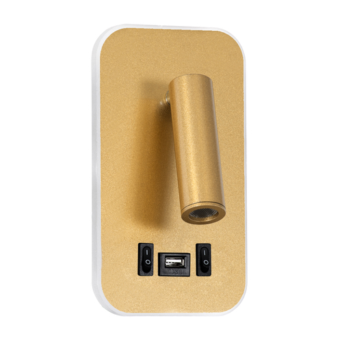 GloboStar® LADY-O 61366 Μοντέρνο Φωτιστικό Τοίχου - Απλίκα Ξενοδοχείου Bed Side LED 10W 1000lm 36° & 360° AC 220-240V - Reading Light & Κρυφός Φωτισμός - Φορτιστής USB 3A - Μ10.5 x Π10 x Υ18.5cm - Φυσικό Λευκό 4500K - Χρυσό Βούρτσας - 3 Χρόνια Εγγύηση