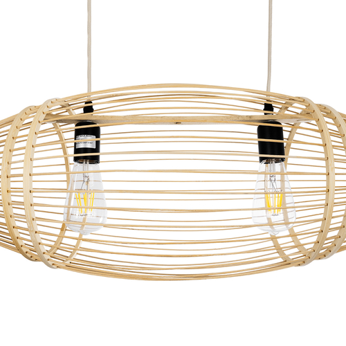GloboStar® FISH 01927 Μοντέρνο Κρεμαστό Φωτιστικό Πλέγμα Δίφωτο 2 x E27 IP20 Μπεζ Ξύλο - Μ130 x Π42 x Υ42cm