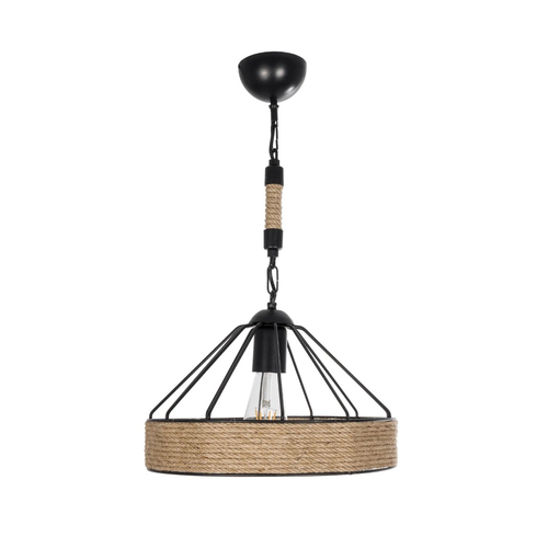 GloboStar® ZION 203-0003 Vintage Κρεμαστό Φωτιστικό Σχοινί Μονόφωτο 1 x E27 IP20 Μαύρο Μέταλλο με Μπεζ Σχοινί - Μ33 x Π33 x Υ29cm
