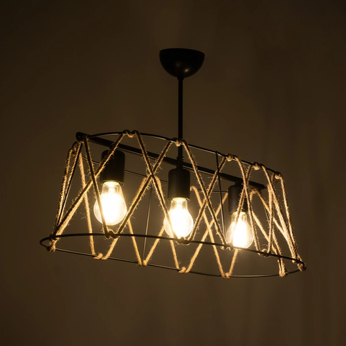 GloboStar® GATSBY 203-0006 Vintage Κρεμαστό Φωτιστικό Σχοινί Τρίφωτο 3 x E27 IP20 Μαύρο Μέταλλο με Μπεζ Σχοινί - Μ60 x Π28 x Υ22cm