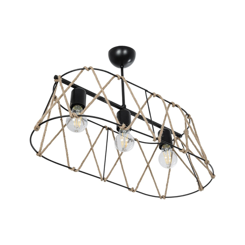 GloboStar® GATSBY 203-0006 Vintage Κρεμαστό Φωτιστικό Σχοινί Τρίφωτο 3 x E27 IP20 Μαύρο Μέταλλο με Μπεζ Σχοινί - Μ60 x Π28 x Υ22cm