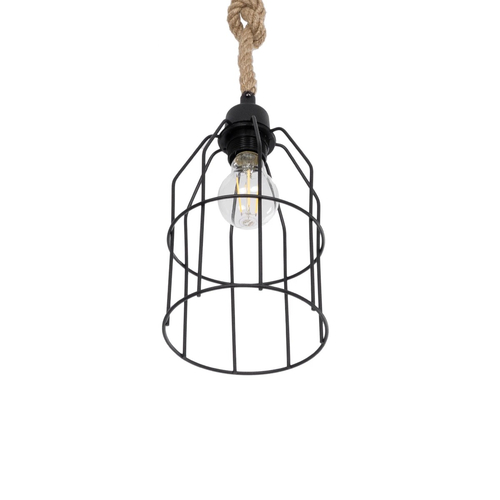 GloboStar® TALAH 203-0009 Vintage Κρεμαστό Φωτιστικό Σχοινί Μονόφωτο 1 x E27 IP20 Μαύρο Μέταλλο με Μπεζ Σχοινί - Μ15.5 x Π15.5 x Υ30cm