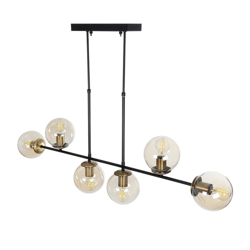GloboStar® LATTICE 203-0016 Μοντέρνο Κρεμαστό Φωτιστικό Ράγα Πολύφωτο 6 x E27 IP20 Μαύρο & Μπρούτζινο Μέταλλο με Mελί Γυαλί - Μ120 x Π15 x Υ32cm