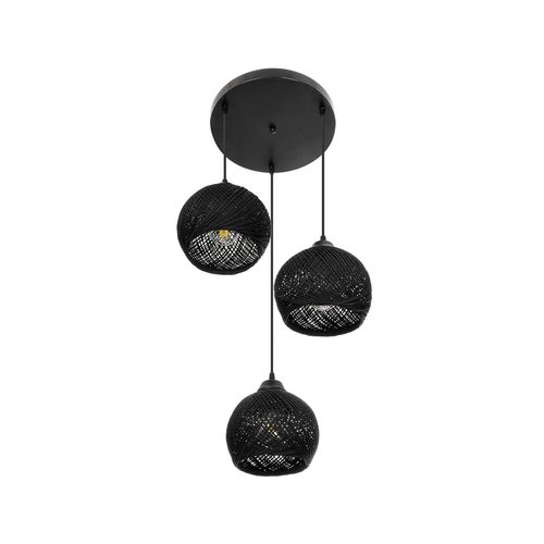 GloboStar® YASAM 203-0022 Vintage Κρεμαστό Φωτιστικό Πλέγμα Τρίφωτο 3 x E27 IP20 Μαύρο Ρατάν - Μ42 x Π42 x Υ54cm