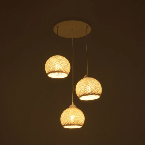 GloboStar® YASAM 203-0023 Vintage Κρεμαστό Φωτιστικό Πλέγμα Τρίφωτο 3 x E27 IP20 Λευκό Ρατάν - Μ42 x Π42 x Υ54cm
