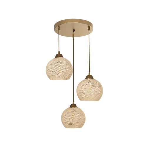 GloboStar® YASAM 203-0024 Vintage Κρεμαστό Φωτιστικό Πλέγμα Τρίφωτο 3 x E27 IP20 Μπεζ Ρατάν - Μ42 x Π42 x Υ54cm