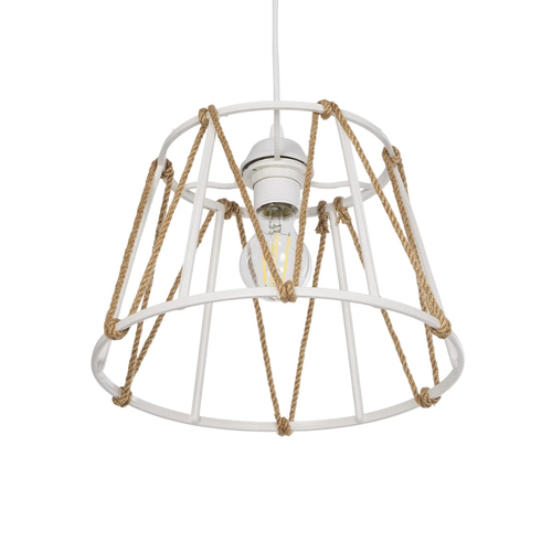GloboStar® JUTE 203-0091 Μοντέρνο Κρεμαστό Φωτιστικό Σχοινί Μονόφωτο 1 x E27 IP20 Λευκό Πλαστικό με Μπεζ Σχοινί - Μ30 x Π30 x Υ23cm
