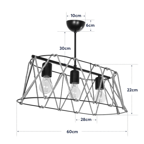GloboStar® GATSBY 203-0006 Vintage Κρεμαστό Φωτιστικό Σχοινί Τρίφωτο 3 x E27 IP20 Μαύρο Μέταλλο με Μπεζ Σχοινί - Μ60 x Π28 x Υ22cm