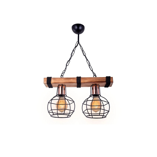 GloboStar® STARLO 201-0005 Vintage Κρεμαστό Φωτιστικό Ράγα Δίφωτο 2 x E27 IP20 Μπεζ Ξύλο με Μαύρο Μέταλλο - Μ40 x Π15x Υ65cm