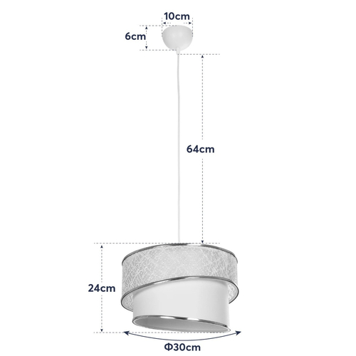 GloboStar® SONIA 203-0123 Μοντέρνο Κρεμαστό Φωτιστικό Καπέλο Μονόφωτο 1 x E27 IP20 Γκρι & Λευκό Ύφασμα με Ασημί Λεπτομέρεια - Μ30 x Π30 x Υ90 cm