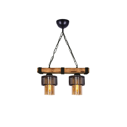 GloboStar® GLORA 201-0008 Vintage Κρεμαστό Φωτιστικό Ράγα Δίφωτο 2 x E27 IP20 Μπεζ Ξύλο με Μαύρο Μέταλλο & Μελί Γυαλί - Μ40 x Π15x Υ65cm