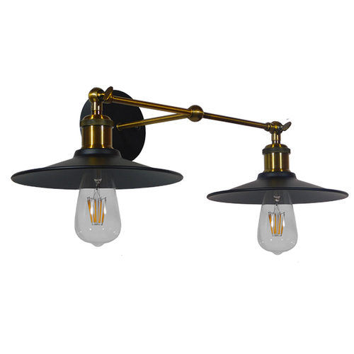 GloboStar® MINIMALL 01069 Vintage Επιτοίχιο Φωτιστικό Απλίκα Δίφωτο 2 x E27 IP20 Μαύρο & Χρυσό Μέταλλο - Μ30 x Π60 x Υ18cm