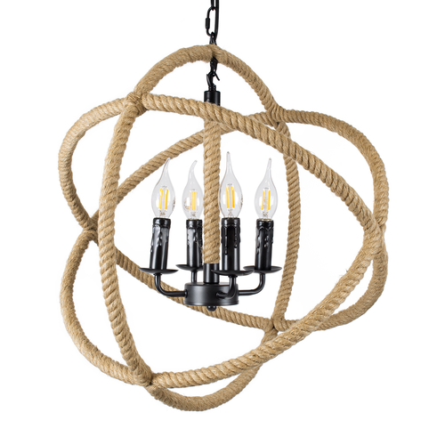GloboStar® VITRUVIAN 01141 Vintage Κρεμαστό Φωτιστικό Ανάρτηση Πολύφωτο 4 x E14 IP20 Μαύρο Μέταλλο με Μπεζ Σχοινί - Μ53 x Π53 x Υ53cm