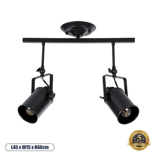 GloboStar® HOLLYWOOD 01154 Vintage Φωτιστικό Οροφής Ράγα Δίφωτο 2 x E27 IP20 Μαύρο Μέταλλο - Μ45 x Π15 x Υ40cm