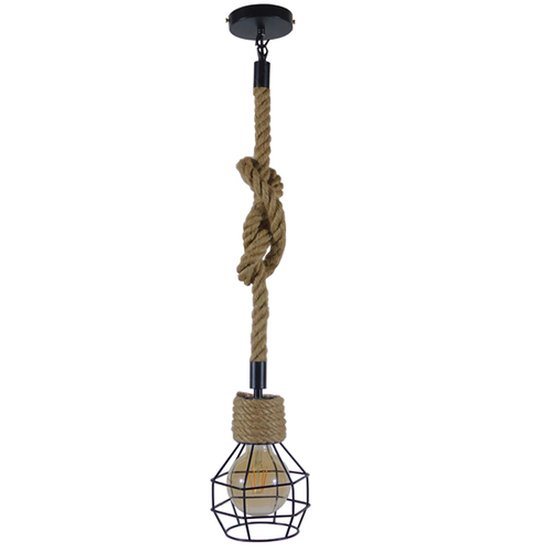 GloboStar® HELLET 01182 Vintage Κρεμαστό Φωτιστικό Πλέγμα Μονόφωτο 1 x E27 IP20 Μαύρο Μέταλλο με Μπεζ Σχοινί - Μ16 x Π16 x Υ25cm