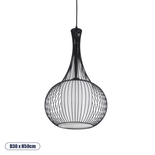 GloboStar® REA 01198 Μοντέρνο Κρεμαστό Φωτιστικό Πλέγμα Μονόφωτο 1 x E27 IP20 Μαύρο Μέταλλο με Λευκό Ύφασμα - Μ30 x Π30 x Υ50cm