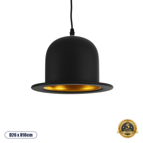 GloboStar® CHARLO 01214 Vintage Κρεμαστό Φωτιστικό Καμπάνα Μονόφωτο 1 x E27 IP20 Μαύρο & Χρυσό Μέταλλο - Μ26 x Π26 x Υ16cm