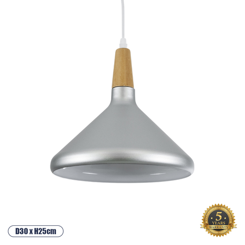 GloboStar® FELICITA 01277 Μοντέρνο Κρεμαστό Φωτιστικό Καμπάνα Μονόφωτο 1 x E27 IP20 Ασημί Μέταλλο με Μπεζ Ξύλο - Μ30 x Π30 x Υ25cm