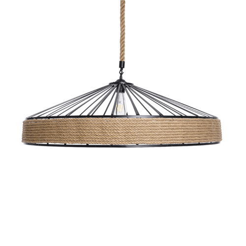 GloboStar® SAHARA 01416 Moντέρνο Κρεμαστό Φωτιστικό Καπέλο Μονόφωτο 1 x E27 IP20 Μαύρο Μέταλλο με Μπεζ Σχοινί - Μ80 x Π80 x Y25cm