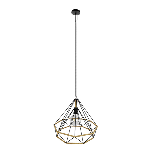 GloboStar® FLUTED 01422 Vintage Κρεμαστό Φωτιστικό Πλέγμα Μονόφωτο 1 x E27 IP20 Μαύρο Μέταλλο με Μπεζ Σχοινί - Μ50 x Π50 x Y44cm