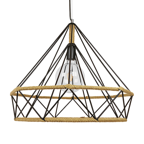 GloboStar® FLUTED 01422 Vintage Κρεμαστό Φωτιστικό Πλέγμα Μονόφωτο 1 x E27 IP20 Μαύρο Μέταλλο με Μπεζ Σχοινί - Μ50 x Π50 x Y44cm