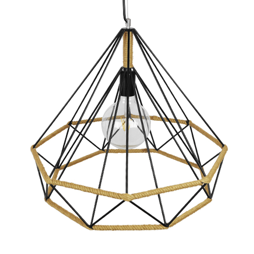 GloboStar® FLUTED 01422 Vintage Κρεμαστό Φωτιστικό Πλέγμα Μονόφωτο 1 x E27 IP20 Μαύρο Μέταλλο με Μπεζ Σχοινί - Μ50 x Π50 x Y44cm