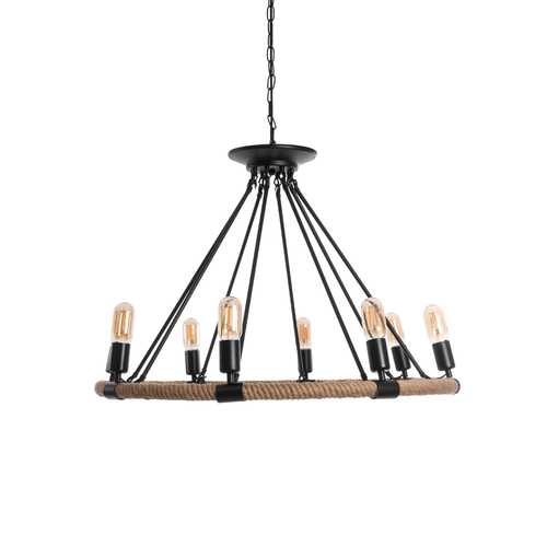 GloboStar® MILLBANK 01423 Vintage Κρεμαστό Φωτιστικό Πλέγμα Πολύφωτο 8 x E27 IP20 Μαύρο Μέταλλο με Μπεζ Σχοινί - Μ80 x Π80 x Y54cm