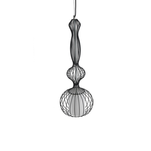 GloboStar® LILY 01560 Vintage Κρεμαστό Φωτιστικό Πλέγμα Μονόφωτο 1 x E27 IP20 Μαύρο Μέταλλο με Λευκό Ύφασμα - Μ25 x Π25 x Υ67cm